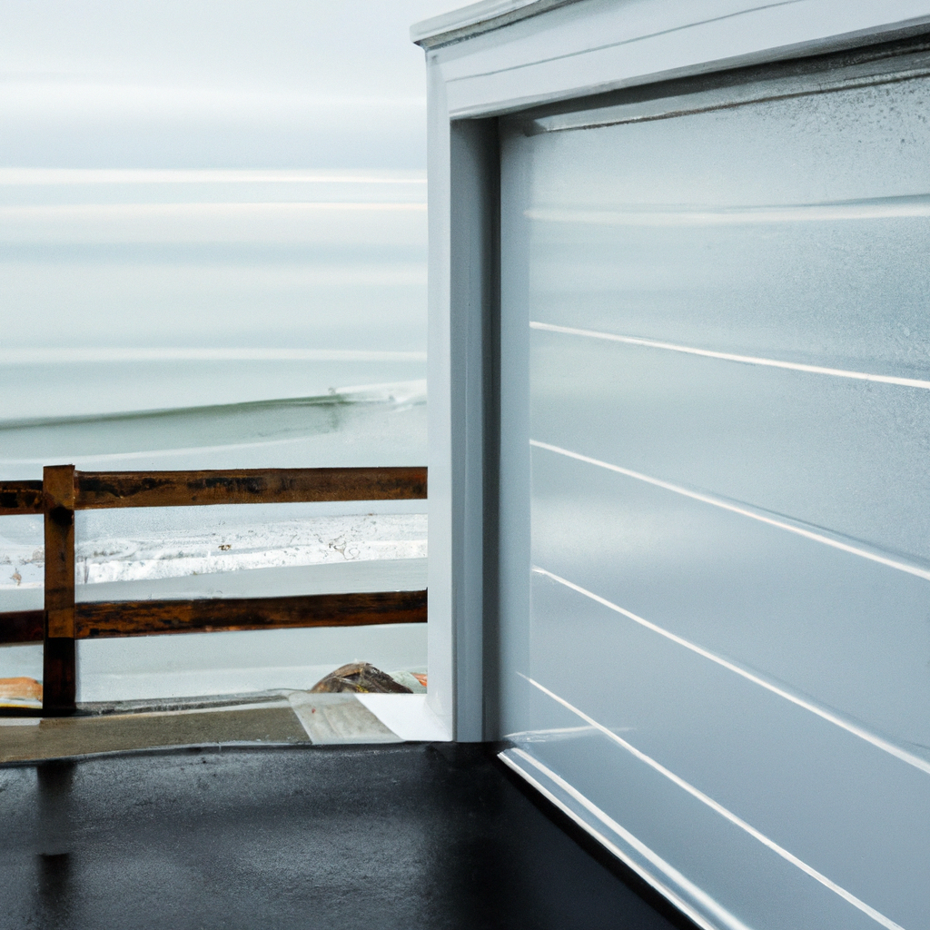 Modern stainless steel garage door near the ocean in Sharon, MA with light salt spray