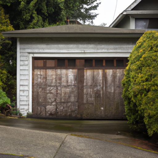 Wood-paneled garage door on older Edmonds home with weathered paint and damp pavement under overcast sky.