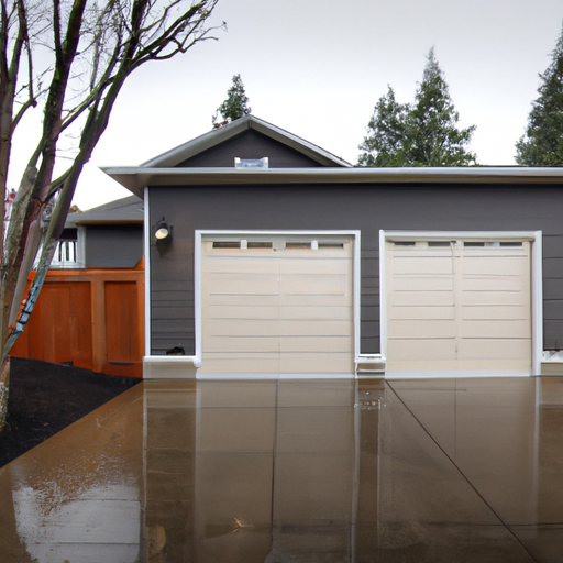 Modern garage door on a suburban Edmonds, WA home after light rain with overcast sky.