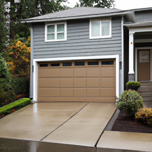 Modern sectional garage door on a damp Edmonds, WA home exterior with visible tracks and hardware.