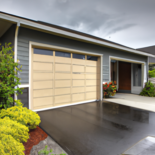 Suburban Edmonds home with a modern sectional garage door partially open on a cloudy day, wet driveway and cedar siding.