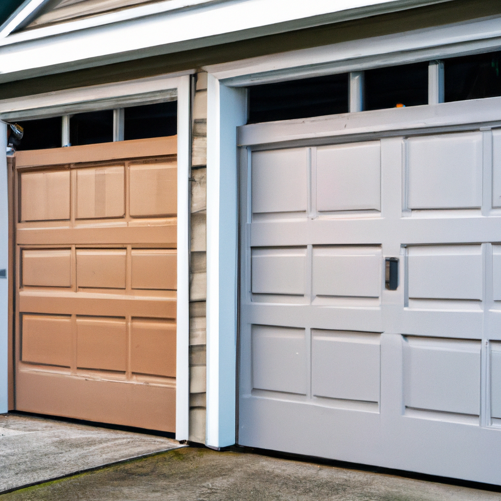 A modern steel garage door beside a classic wooden garage door on a suburban Edmonds, WA home