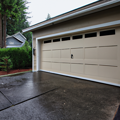 Modern insulated sectional garage door partially open on a wet Edmonds driveway with visible bottom seal and overcast sky.