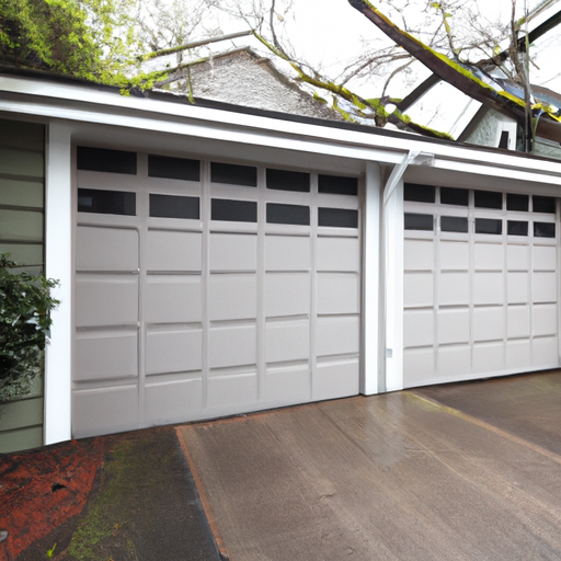 Closed modern garage door on a wet, overcast day in Edmonds with evergreen background.