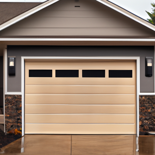 Edmonds home garage door with modern sectional door and visible smart opener under overcast Puget Sound sky.