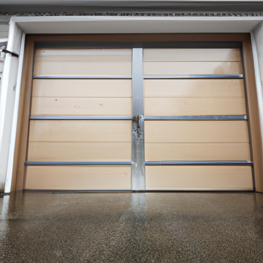 Edmonds suburban garage door with visible weather seals and wet driveway on an overcast Puget Sound day.