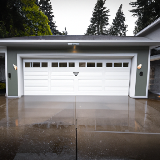 Edmonds suburban garage door with visible weather seals and a covered opener housing on an overcast day.