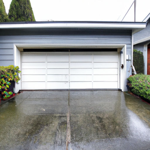 Quiet residential garage door on an overcast day in Edmonds, WA with wet driveway and Pacific Northwest shrubs.