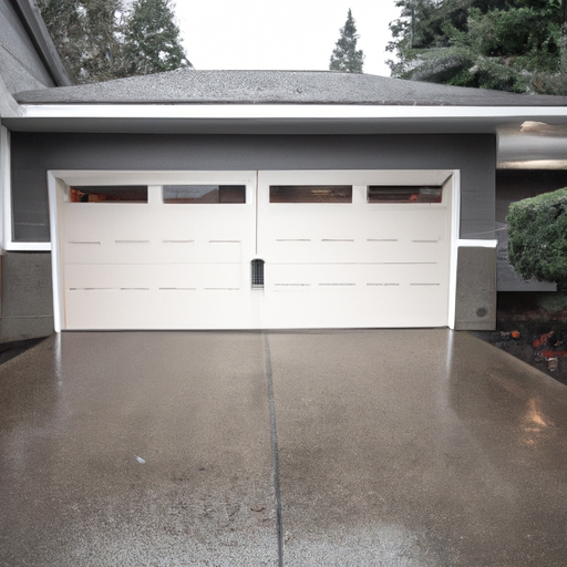 Suburban Edmonds home with modern closed garage door, wet pavement and evergreen background.