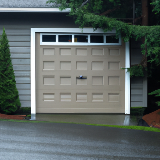 Suburban Edmonds home with modern paneled garage door, wet driveway, overcast sky and evergreen background.