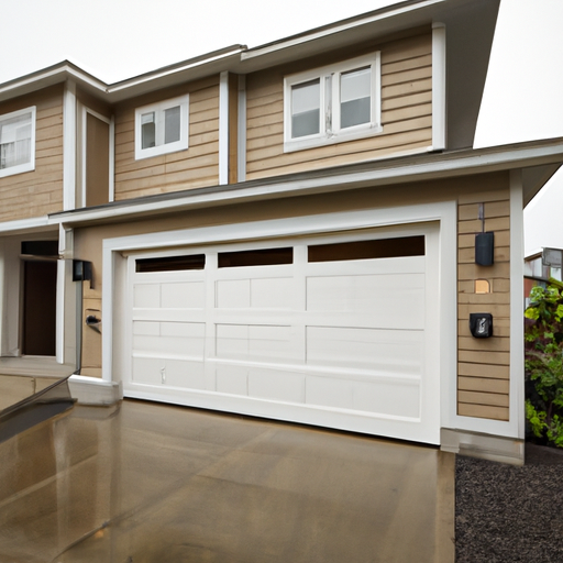 New modern garage door installed on a suburban Edmonds, WA home, full door and hardware visible, overcast coastal light.