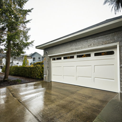 Residential sectional garage door on a damp street in Edmonds, WA with evergreen trees and overcast sky.