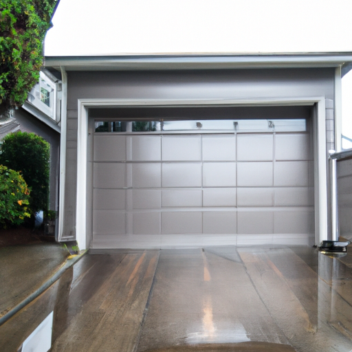 Residential garage door in Edmonds, WA with overcast sky and Puget Sound in the background.