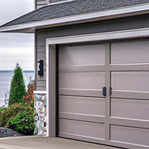 New residential garage door on a suburban Edmonds home with coastal background, showing panels, seals, and hardware.