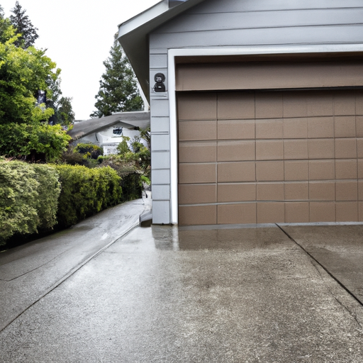 Sectional garage door partially open on a wet suburban Edmonds driveway, overcast sky and cedar siding house in background.