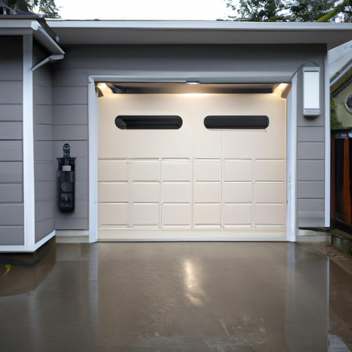 Wide-angle view of a modern smart garage door and keypad on a suburban Edmonds driveway under overcast PNW skies, no people.