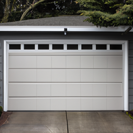 Closed suburban garage door in Edmonds, WA with visible weatherstripping and tracks, coastal trees in background.