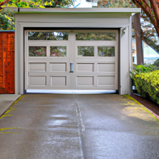 Residential garage door and driveway in Edmonds, WA on a wet overcast day, door panels and hardware visible.