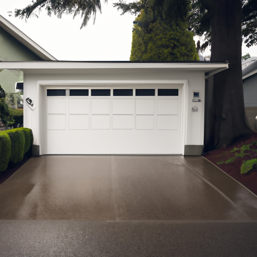 Modern insulated garage door on a rainy Edmonds, WA residential street with Puget Sound hints in the background