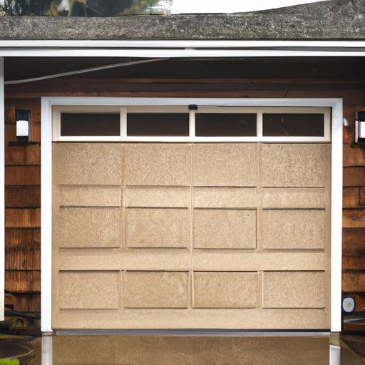 Closed garage door on a suburban Edmonds, WA home with cedar siding and wet pavement.