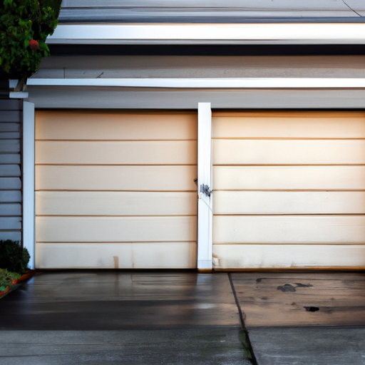 Residential garage door closed on a quiet Edmonds street at soft morning light, hardware and weatherstripping visible