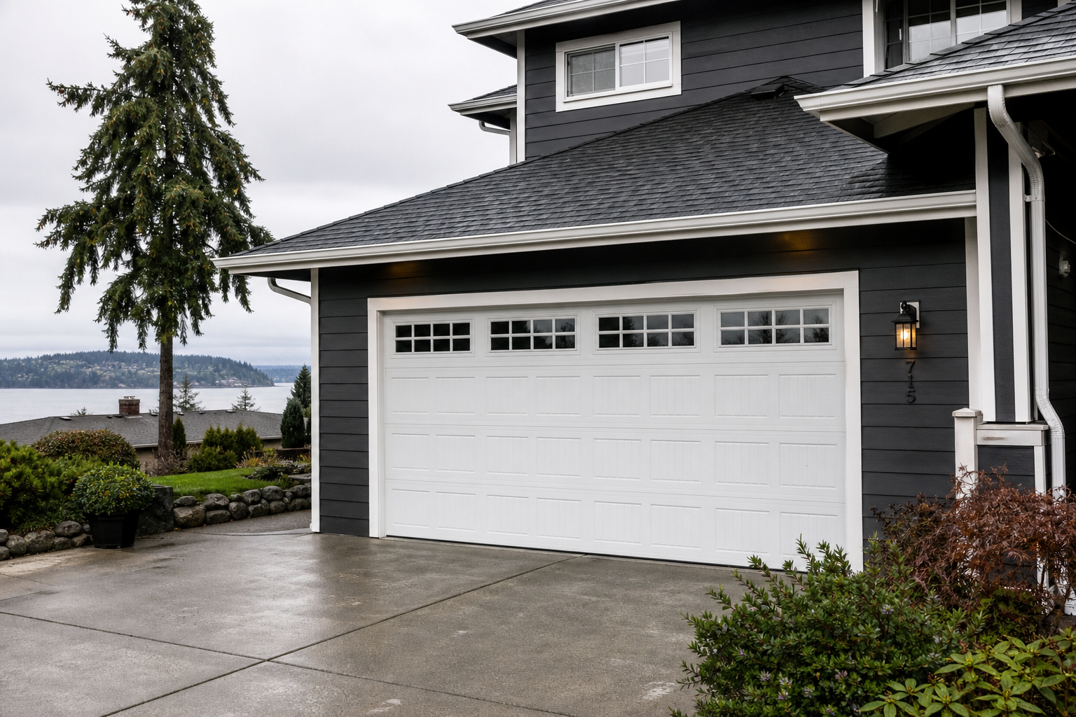 Residential garage exterior in Edmonds with a visible garage door on a cloudy day